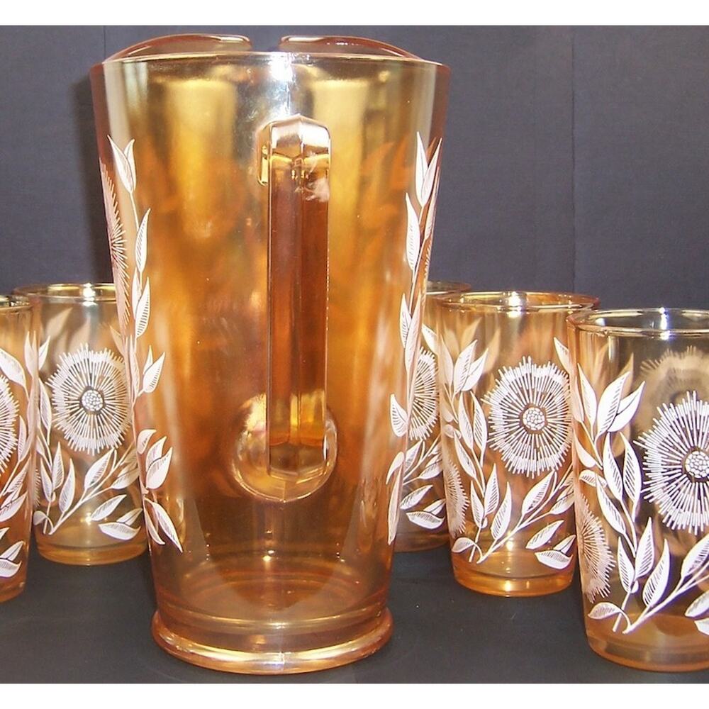 Vintage Jeannette Marigold Carnival Glass Cosmos Pitcher 6 Tumbler Set 1950s - Picture 8 of 15